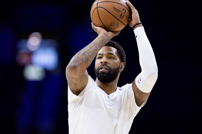 Nov 2, 2023; Philadelphia, Pennsylvania, USA; Philadelphia 76ers forward Marcus Morris Sr. before a game against the Toronto Raptors at Wells Fargo Center. Mandatory Credit: Bill Streicher-USA TODAY Sports